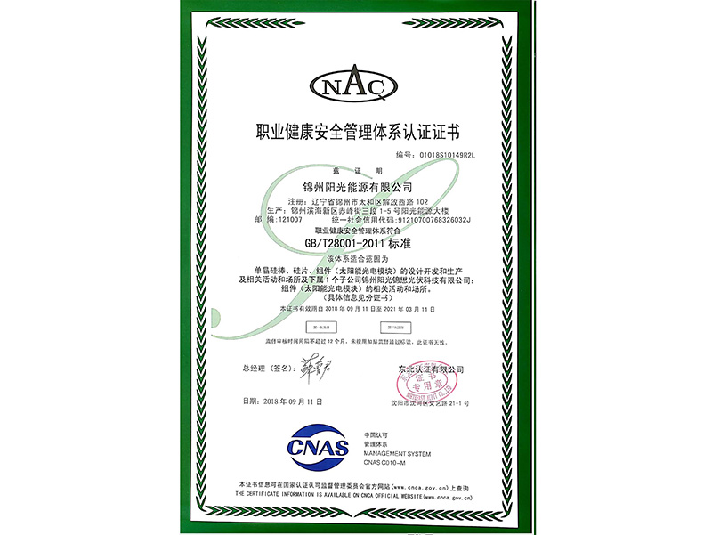 職業(yè)健康安全管理體系認證證書（中文）